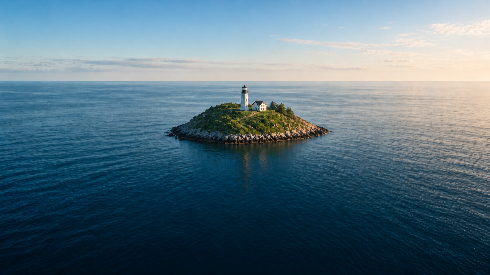 Eine kleine grüne Insel mit Leuchtturm und Wärterhaus im weiten Meer bei Morgenlicht.